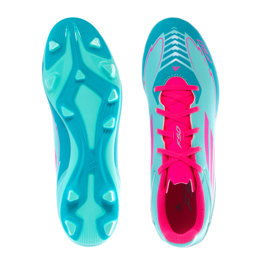 Side view of adidas F50 Club FG Messi Soccer Cleats showcasing the unique spike pattern for traction.
