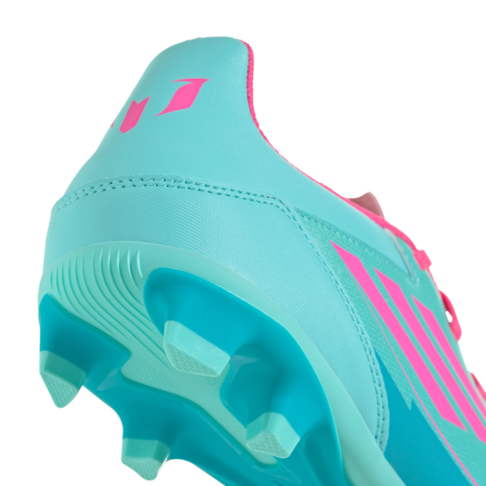 Side view of adidas F50 Club FG Messi Soccer Cleats showcasing the unique spike pattern for traction.