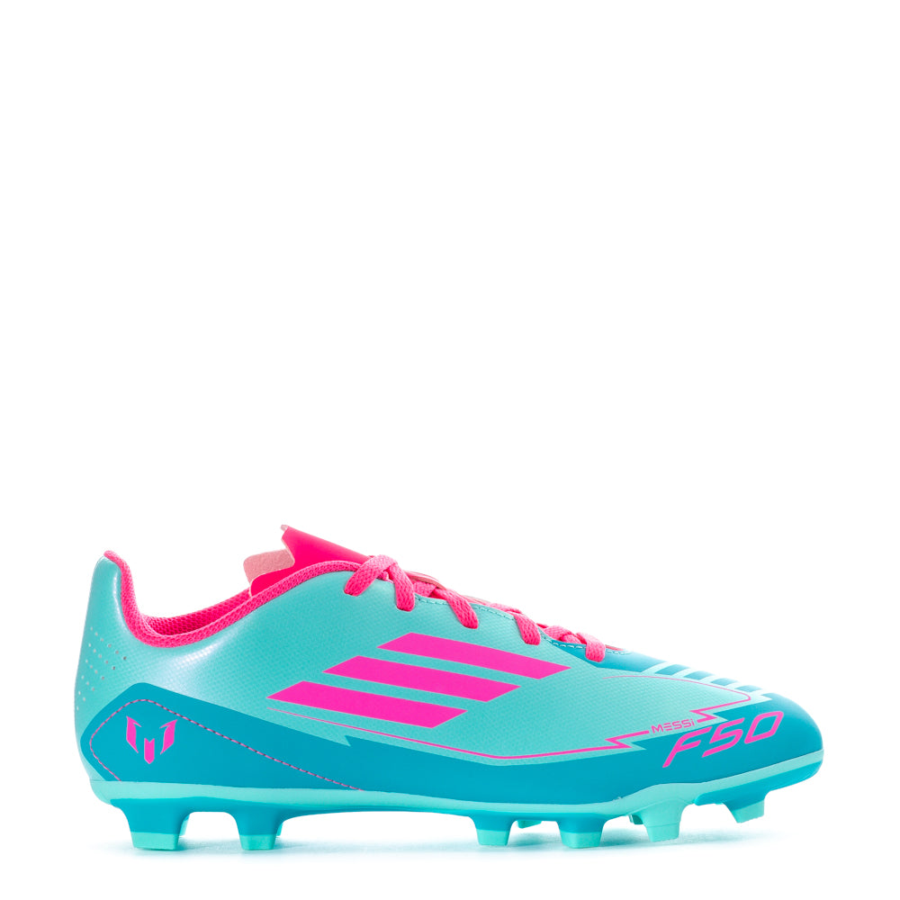 Side view of adidas youth cleats showing unique spike pattern for firm ground traction