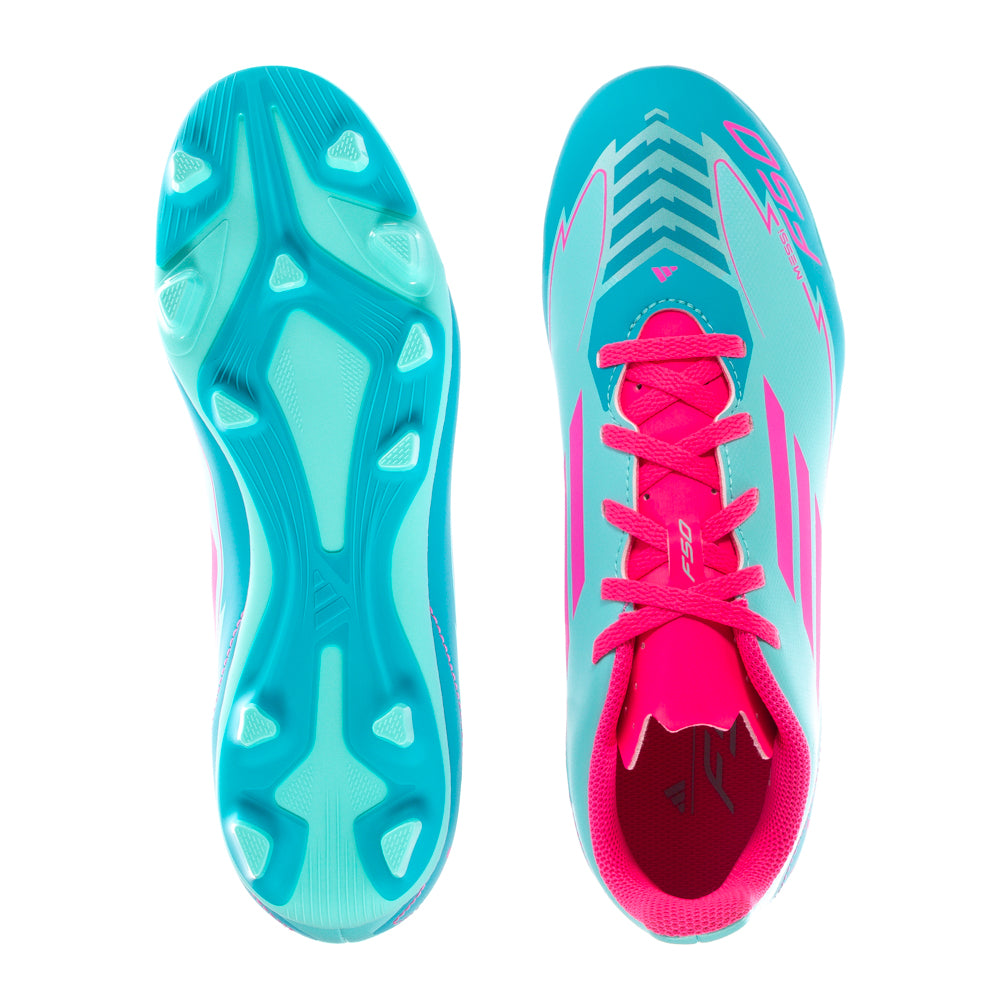 Side view of adidas youth cleats showing unique spike pattern for firm ground traction