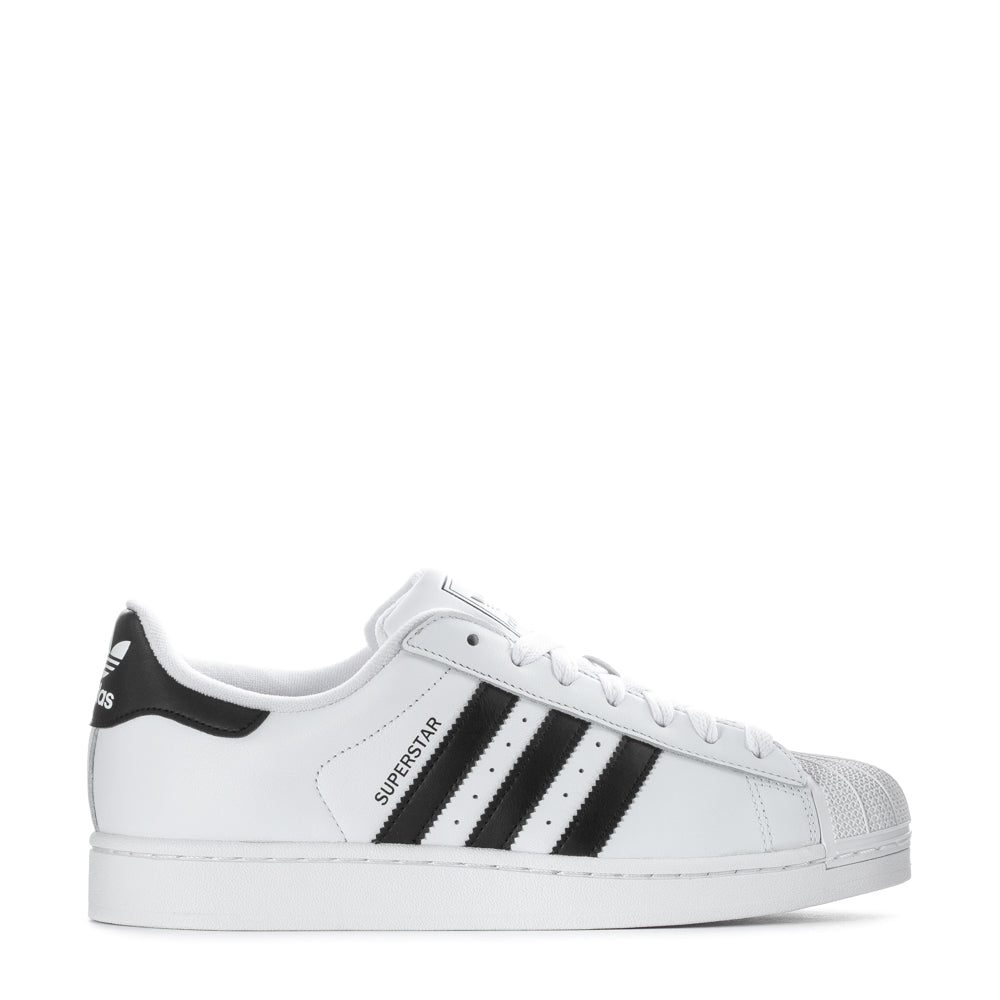 Close-up of adidas Superstar II leather sneaker showing the rubber shell-toe and leather upper