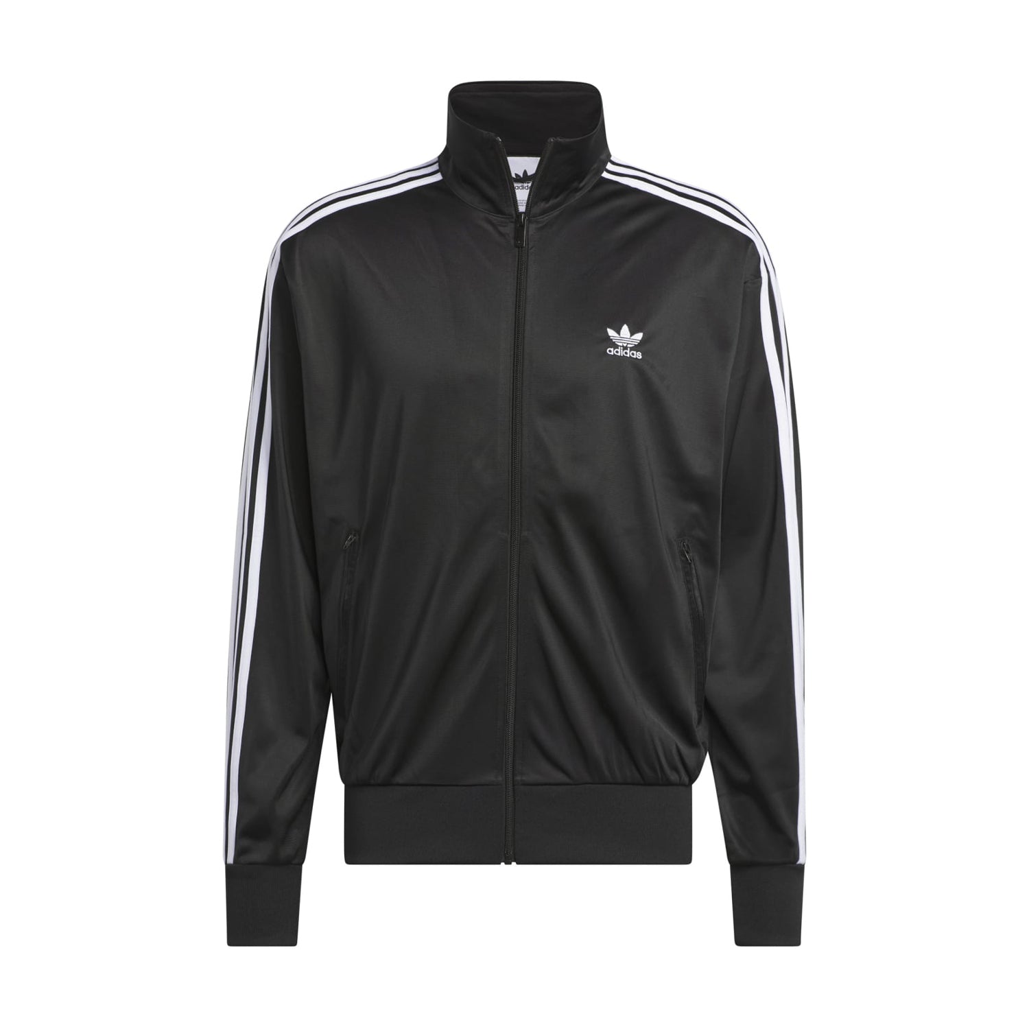 Men wearing adidas Firebird track jacket with adjustable hood in outdoor setting