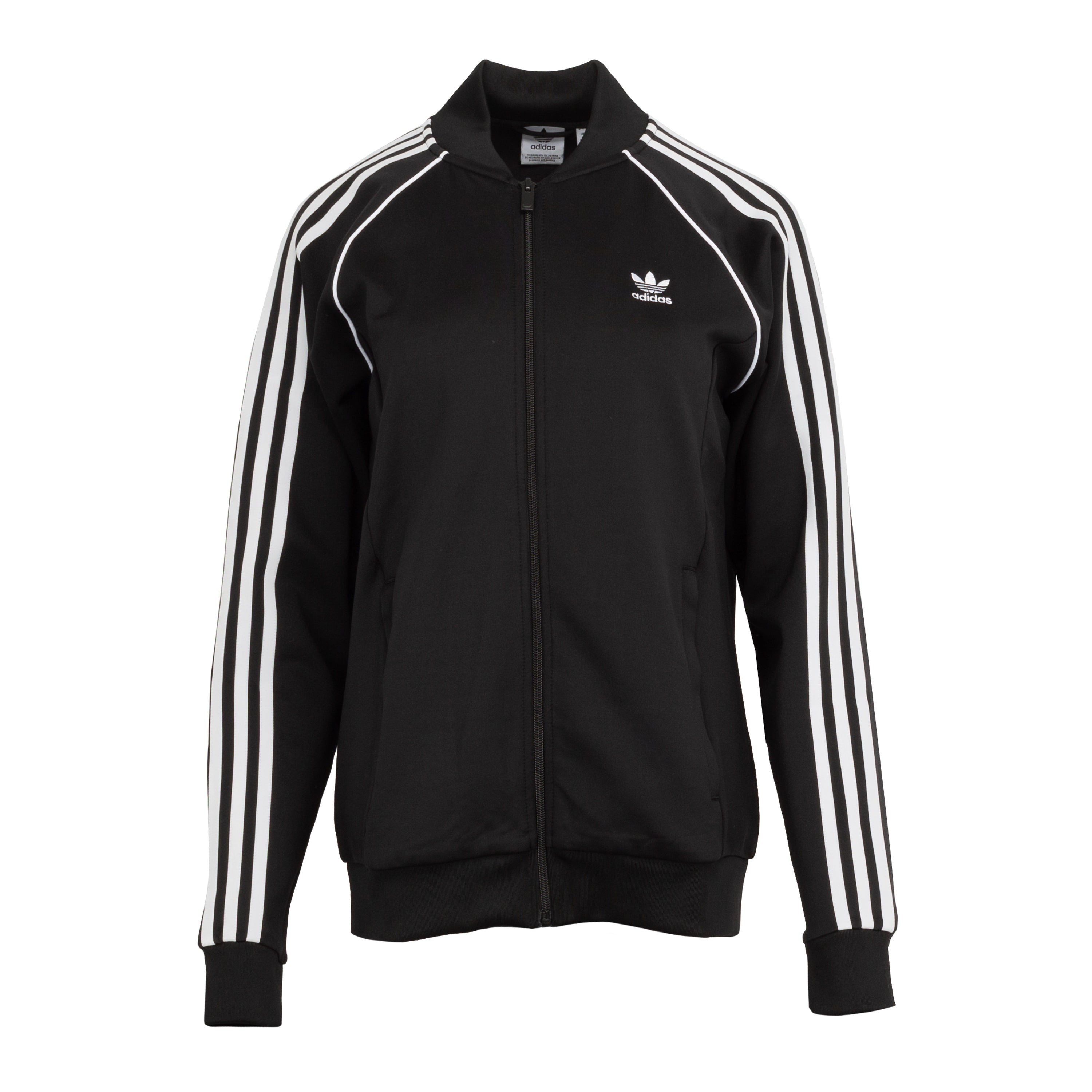 Adidas Superstar women's track jacket, front view, showcasing the full zip and stylish ribbed collar.