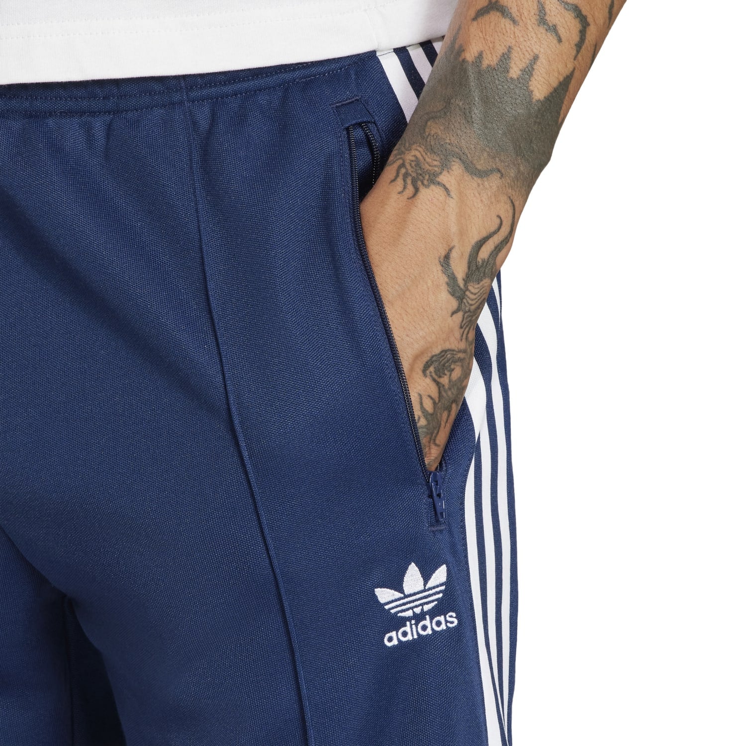 adidas Beckenbauer mens slim fit track pants with zip pockets in black for casual wear