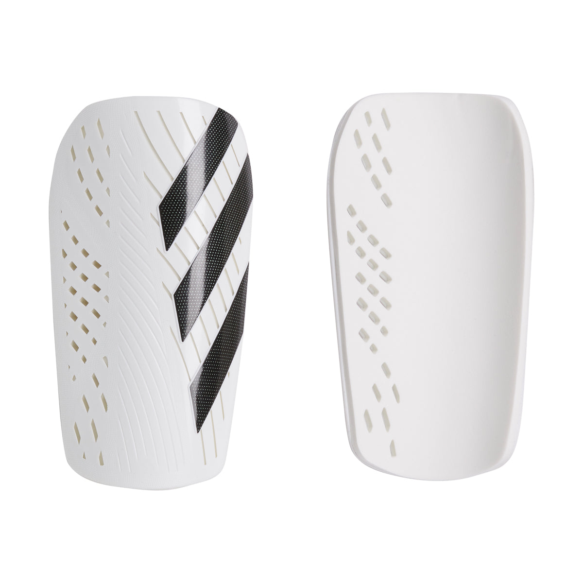 Front angled view of Adidas Tiro Club shin guards lying on white background, highlighting the sleek polypropylene shell