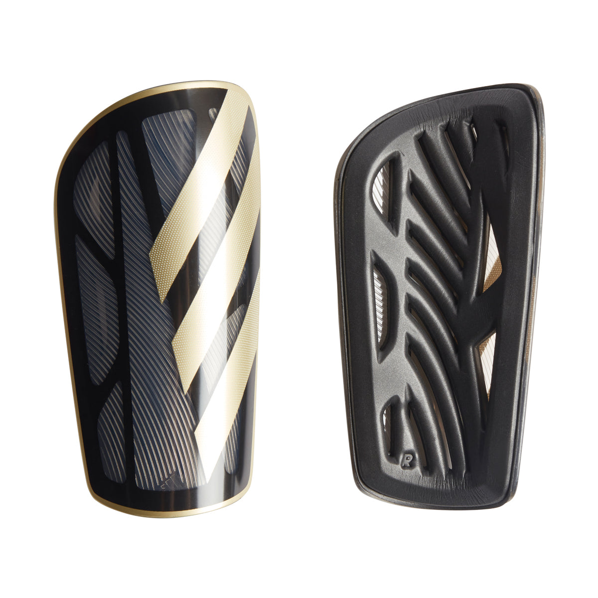 Adidas Tiro League shin guards showcasing lightweight design and sleeve for soccer players.
