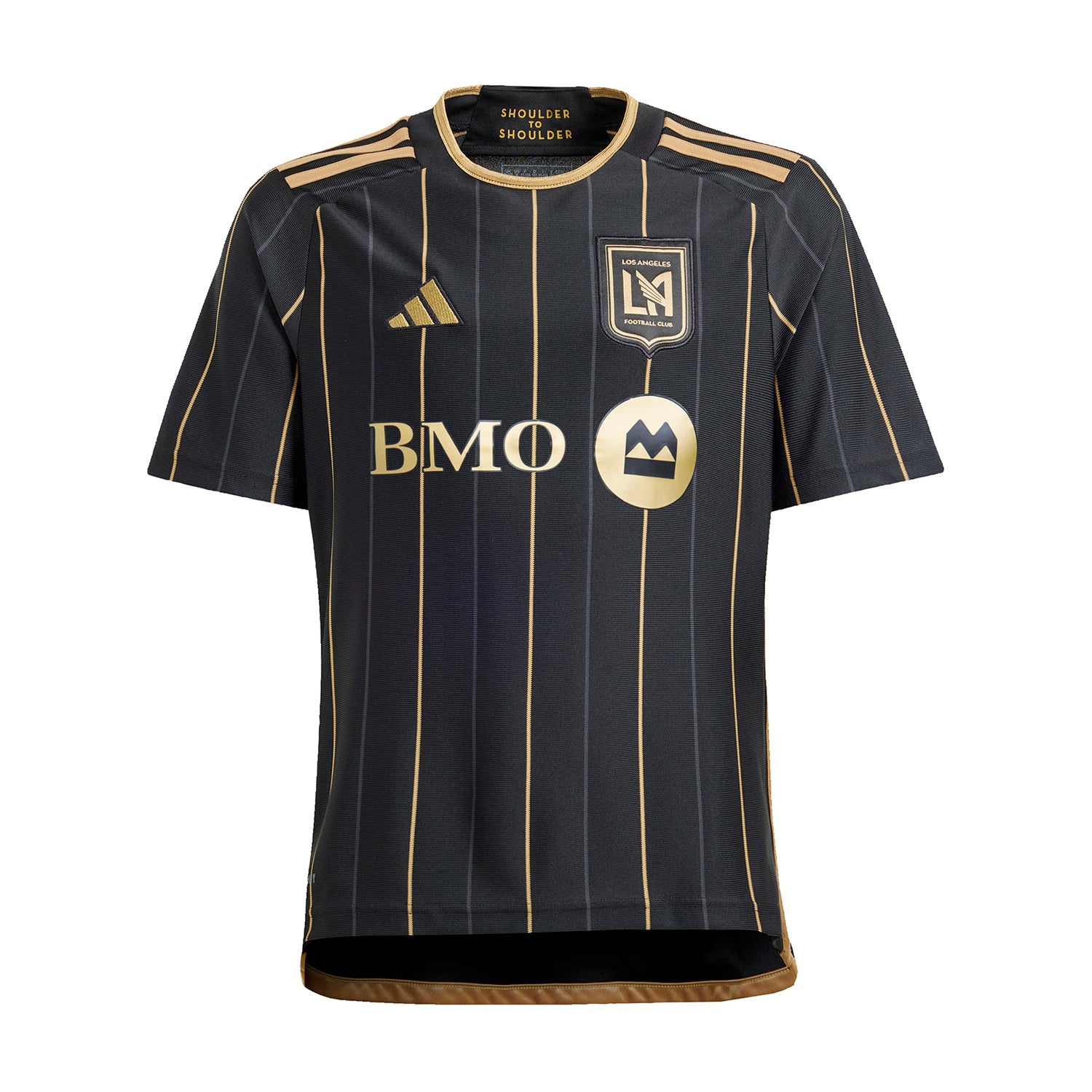 Front view of the Adidas LAFC youth jersey showcasing the pinstriped design.
