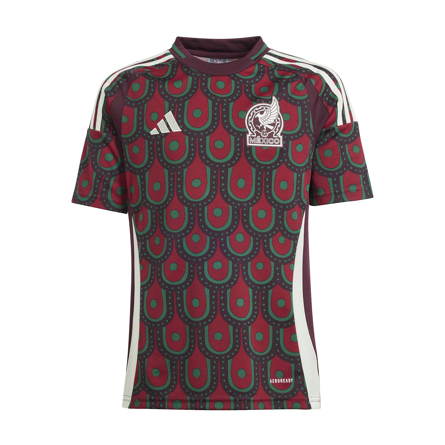Front view of the Mexico Youth Soccer Jersey showcasing vibrant maroon color and official adidas logo.