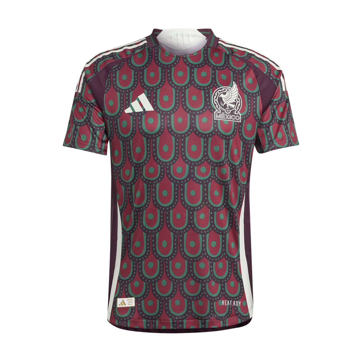 Front view of the Mexico 24/25 home football jersey on a model, showcasing the team insignia and adidas logo