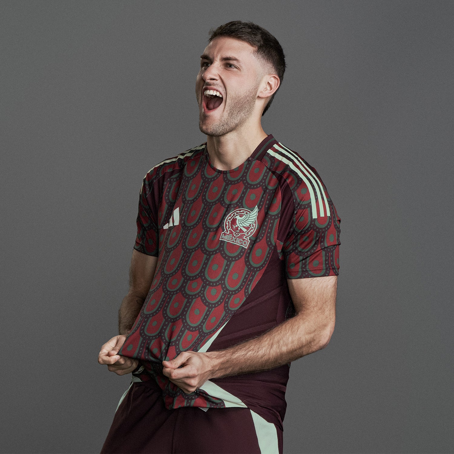Close-up of the fabric and team badge on the official Mexico soccer jersey for sale