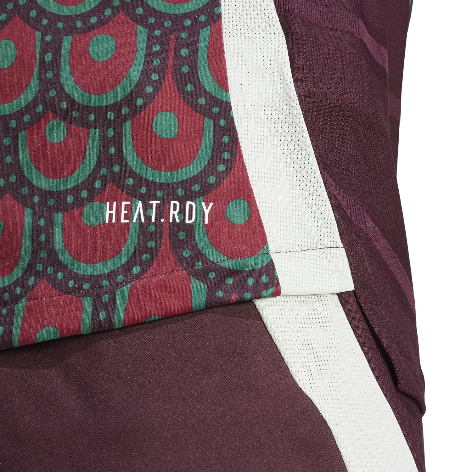 Close-up of the fabric and team badge on the official Mexico soccer jersey for sale