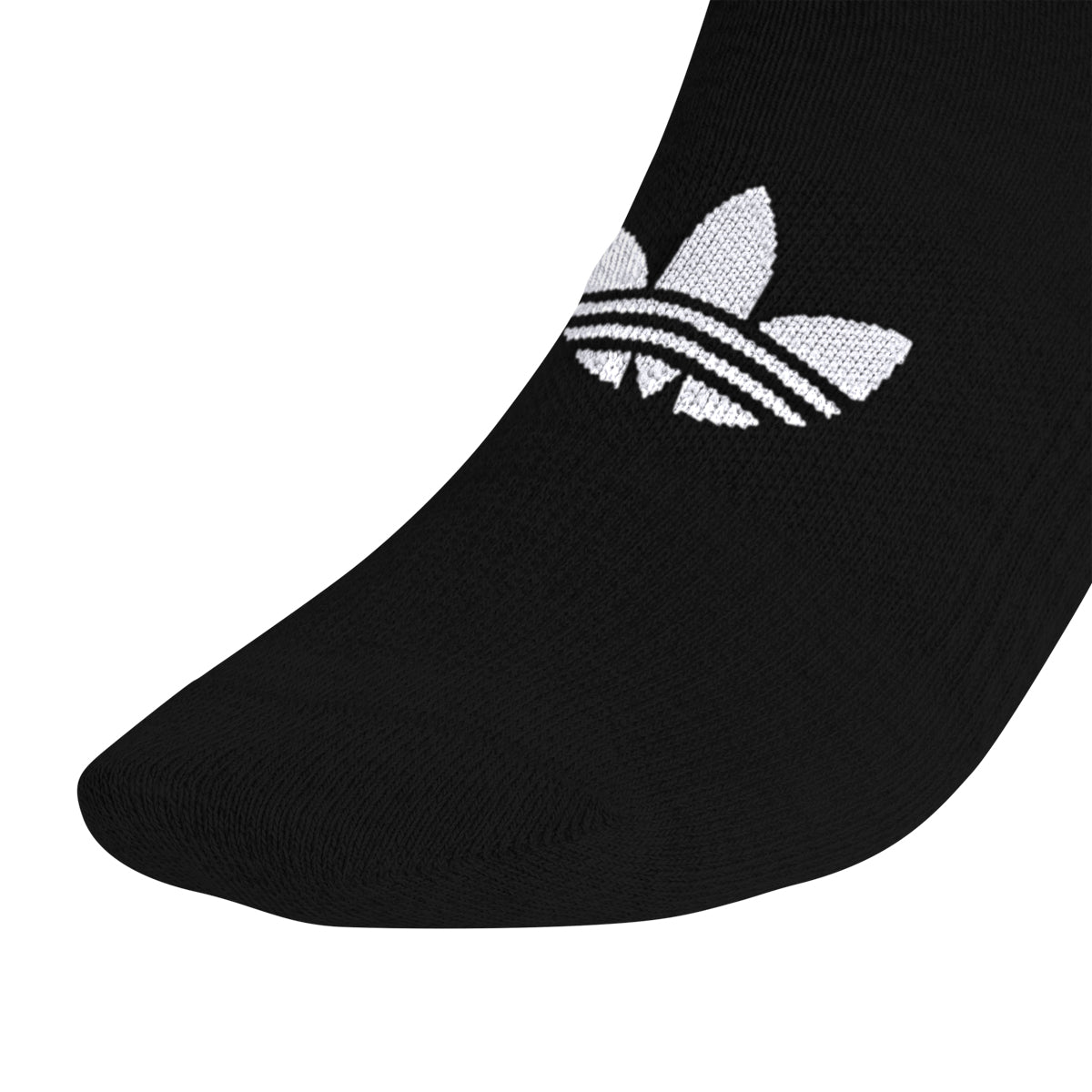 Close-up of foot wearing adidas no-show sock inside white sneaker, cuff completely hidden