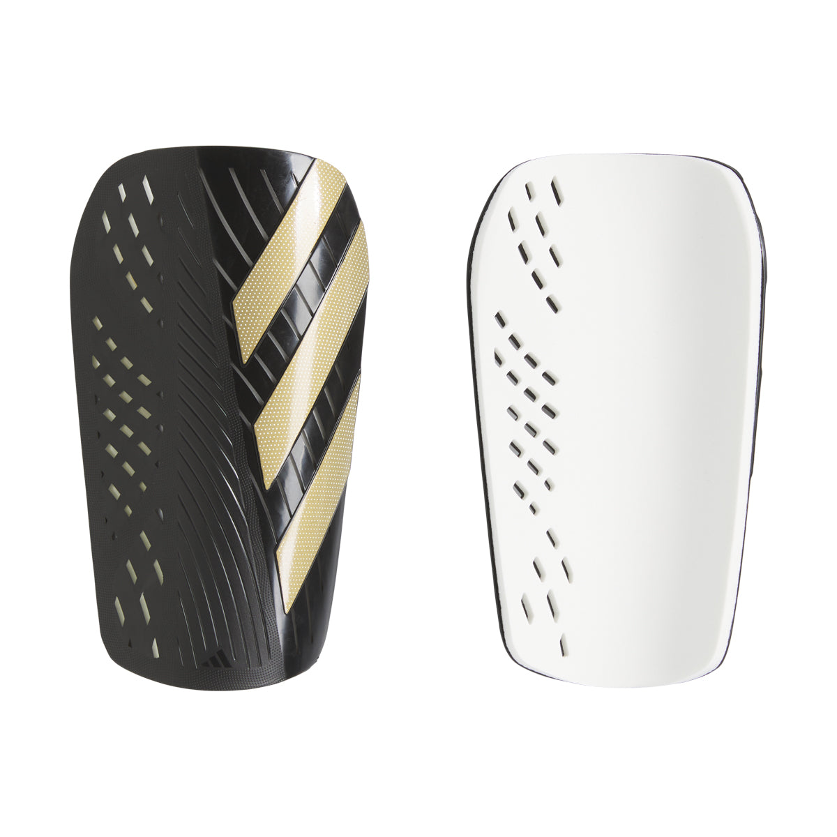 Side view of lightweight slip-in soccer shin pads on athlete