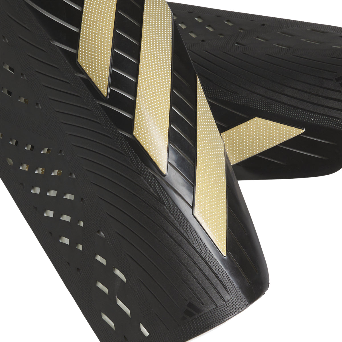 Close-up of breathable soccer shin pads with padded interior