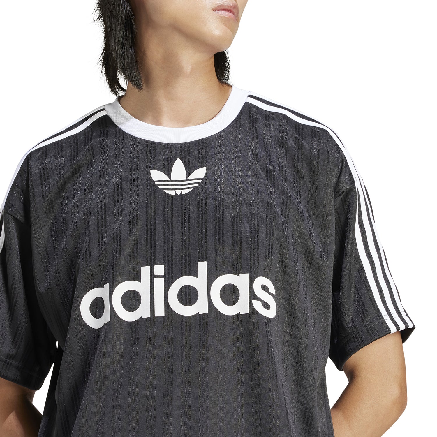 Front view of adidas mens jersey with three stripes on sleeves