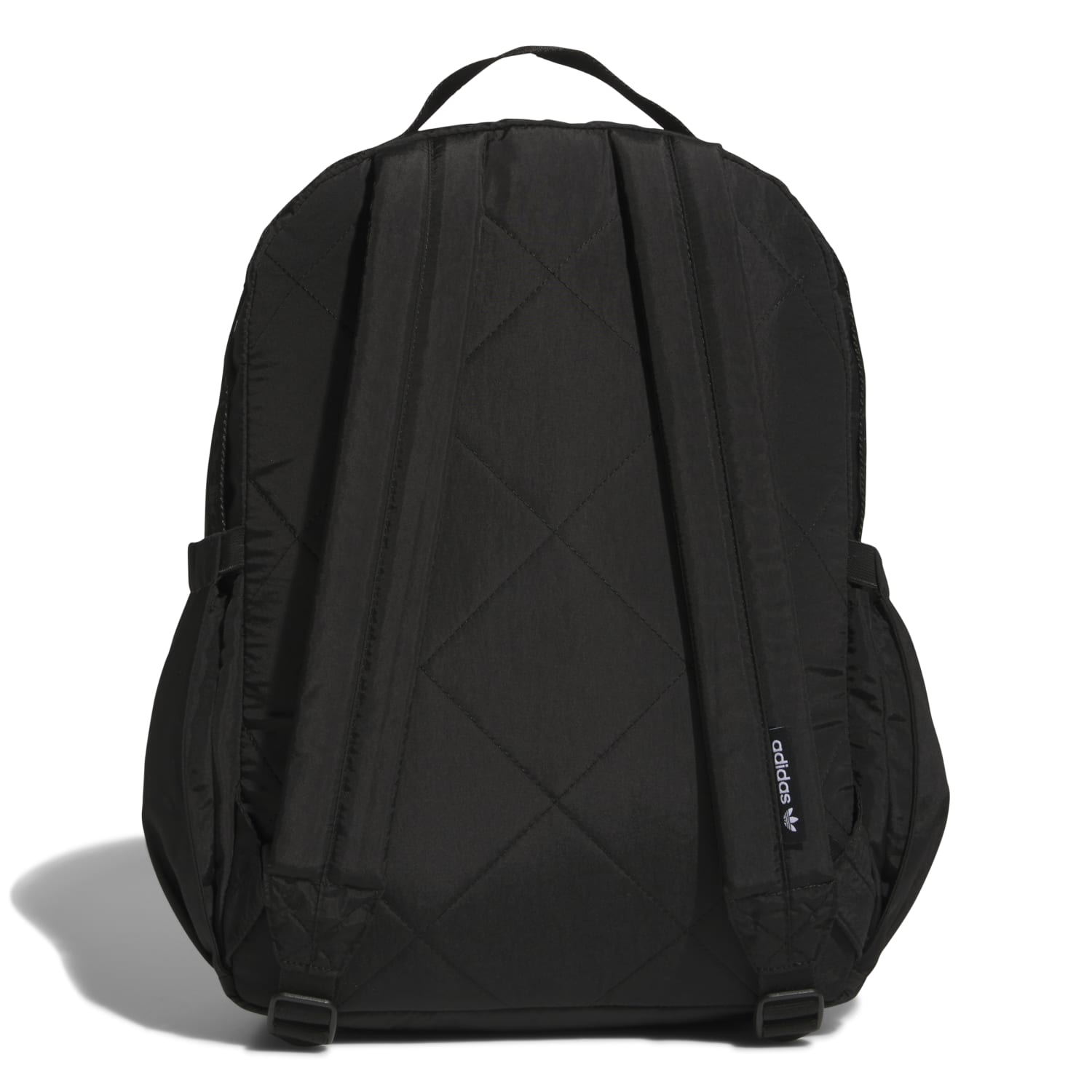 Side profile of travel backpack with orange interior peeking out and water-bottle pocket expanded