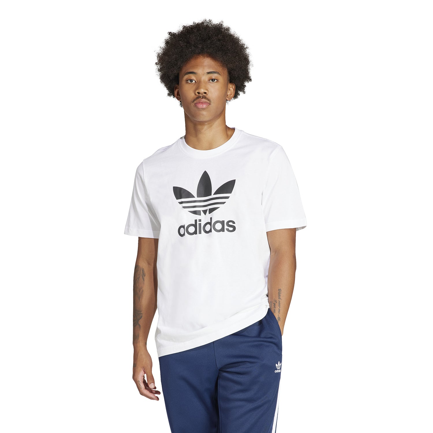 Side view of the mens everyday comfort t-shirt, demonstrating its ribbed crewneck and short sleeves.