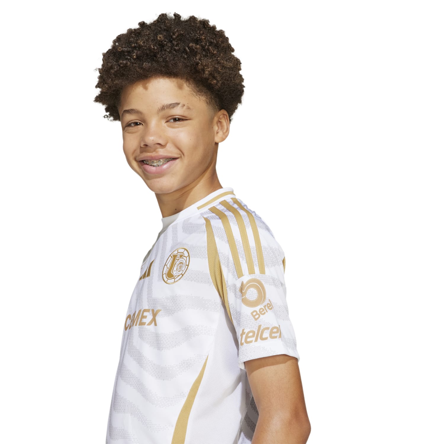 Close-up of Adidas youth jersey with team crest and sponsor logo