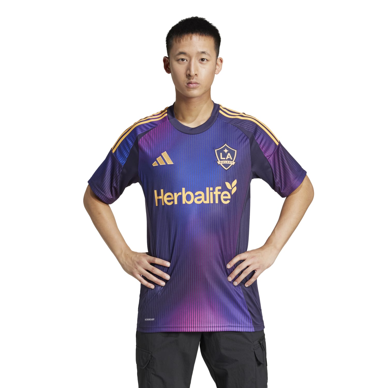 Side view of the Galaxy away jersey highlighting the adidas detailing.