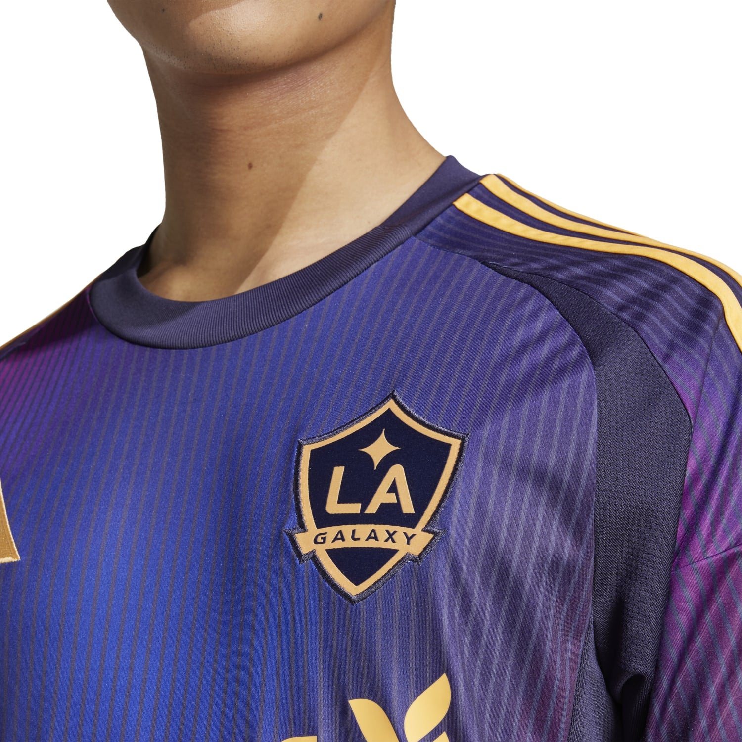 Side view of the Galaxy away jersey highlighting the adidas detailing.