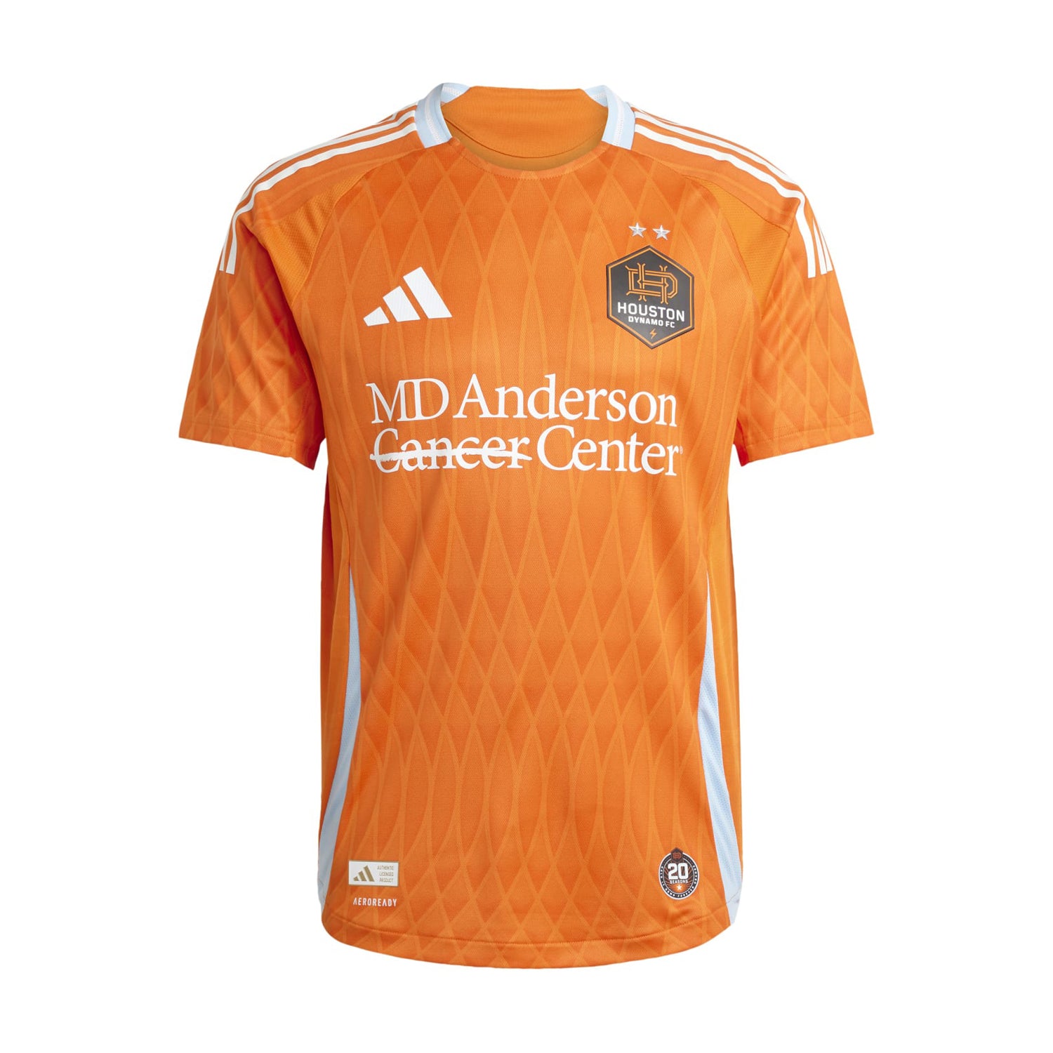 Front view of the cheap Houston Dynamo home jersey showing vibrant orange body and heat-pressed crest