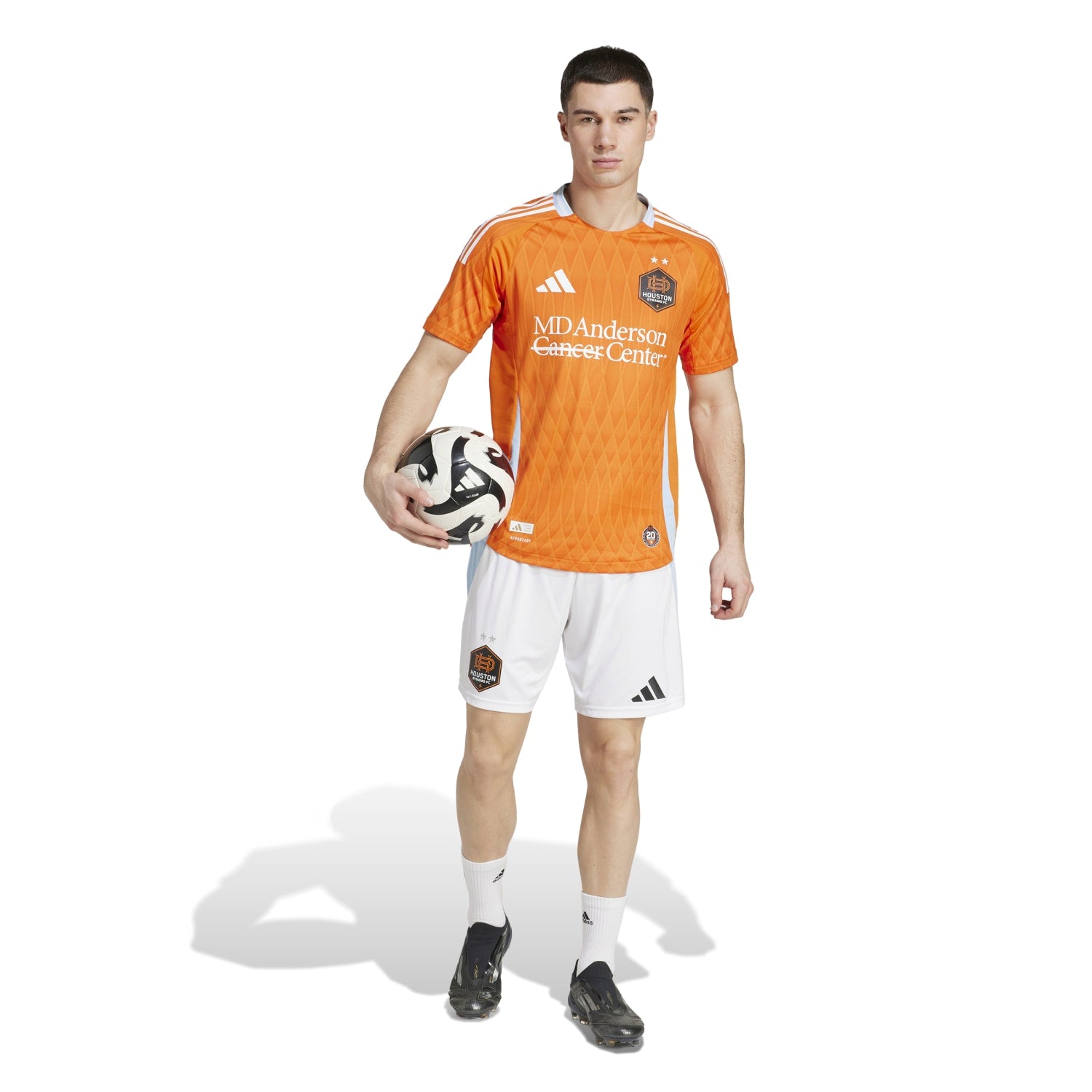 Close-up collar detail displaying Houston Dynamo logo and adidas AEROREADY sweat-wicking weave
