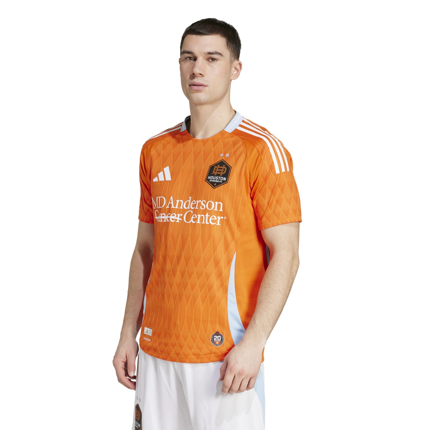 Front view of the cheap Houston Dynamo home jersey showing vibrant orange body and heat-pressed crest