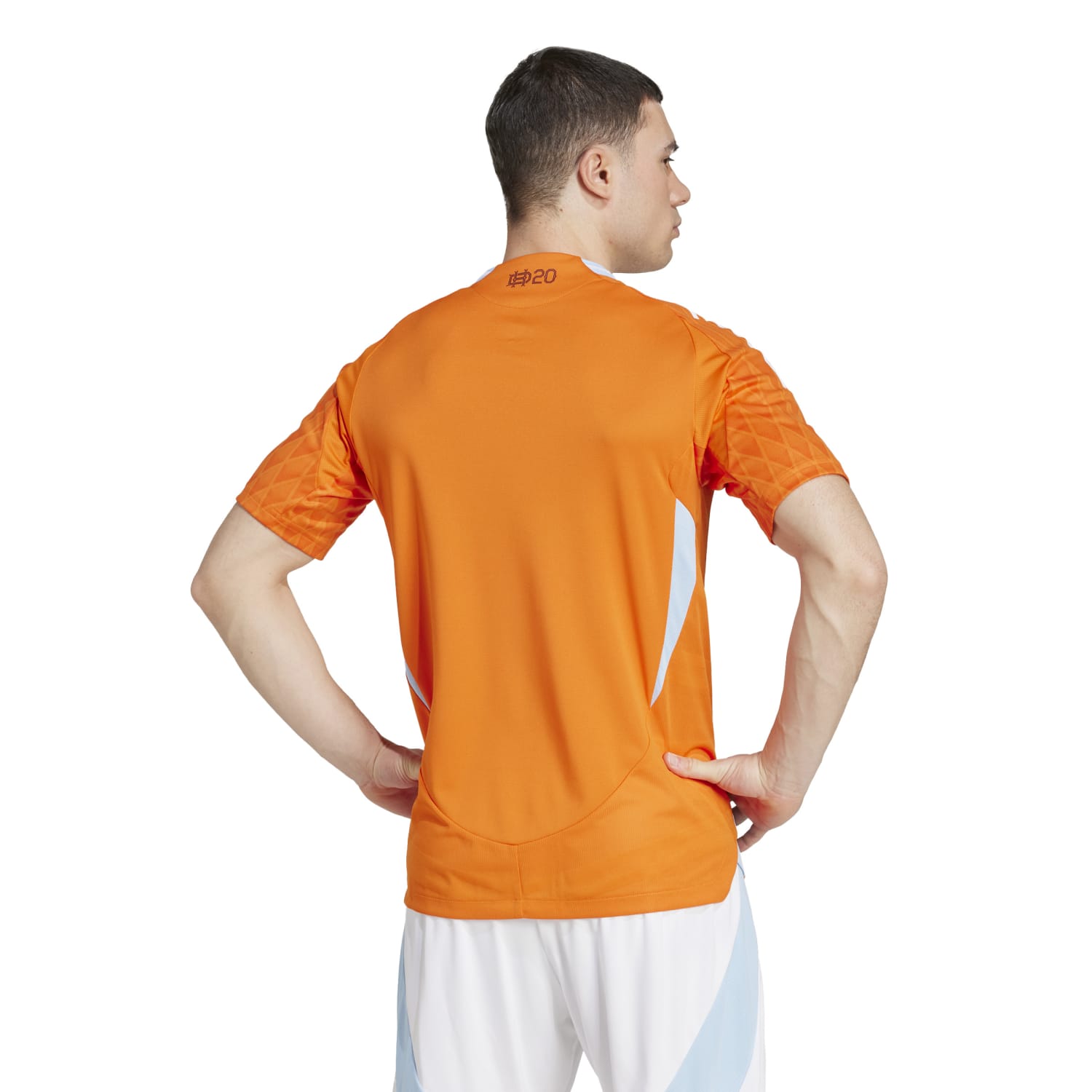 Front view of the cheap Houston Dynamo home jersey showing vibrant orange body and heat-pressed crest