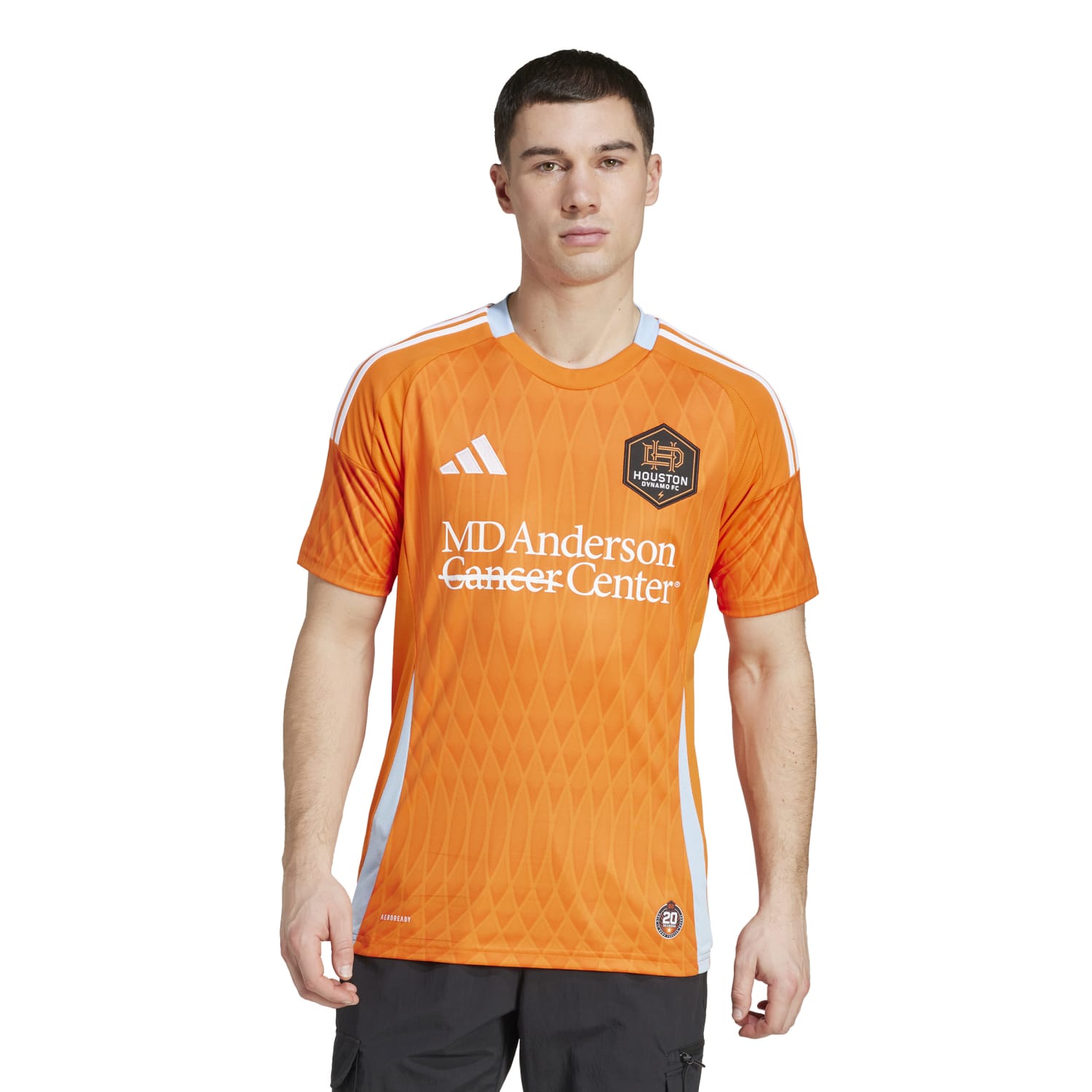 Side angle of the Houston Dynamo jersey featuring breathable mesh panels and AEROREADY technology.