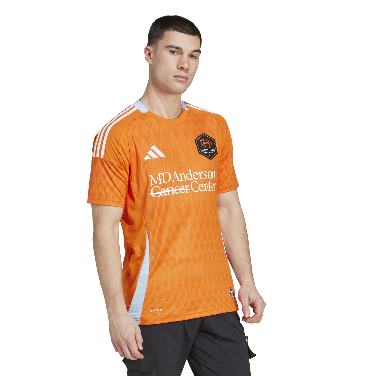 Front view of the Houston Dynamo 2025 Replica Mens Home Jersey highlighting its vibrant colors and slim fit.