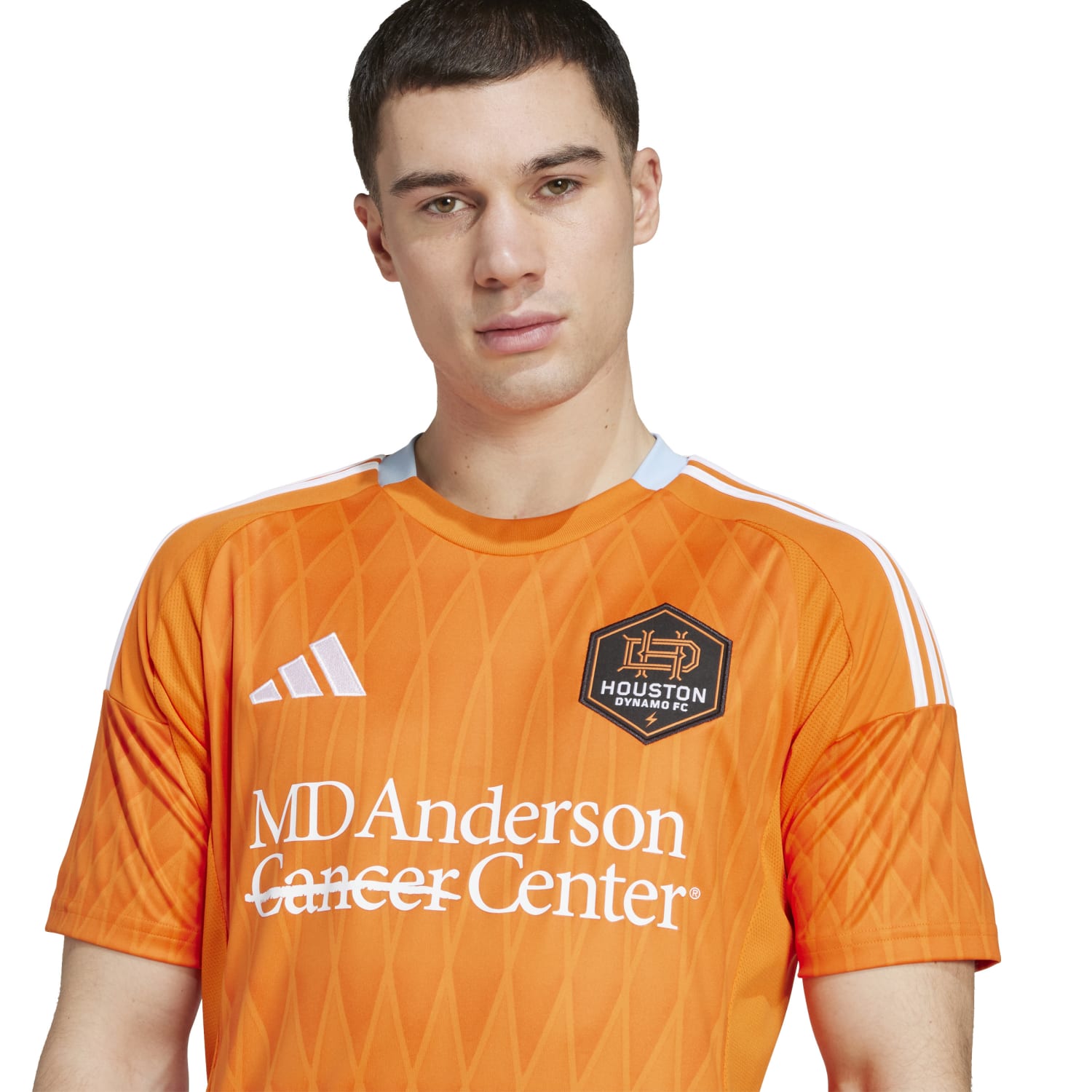 Side angle of the Houston Dynamo jersey featuring breathable mesh panels and AEROREADY technology.