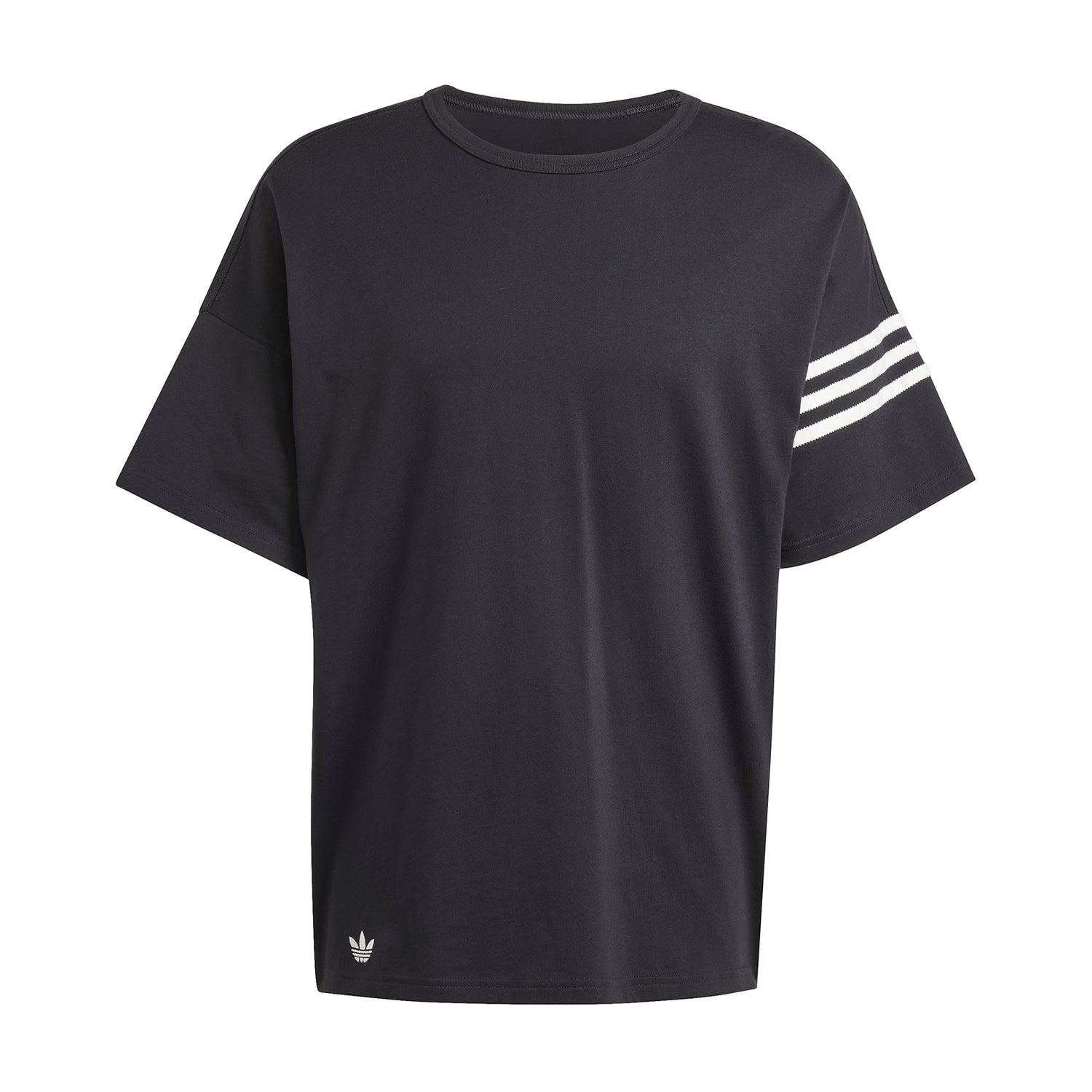 Men wearing Adidas Neu Classics striped cotton t-shirt, showcasing relaxed fit and logo.