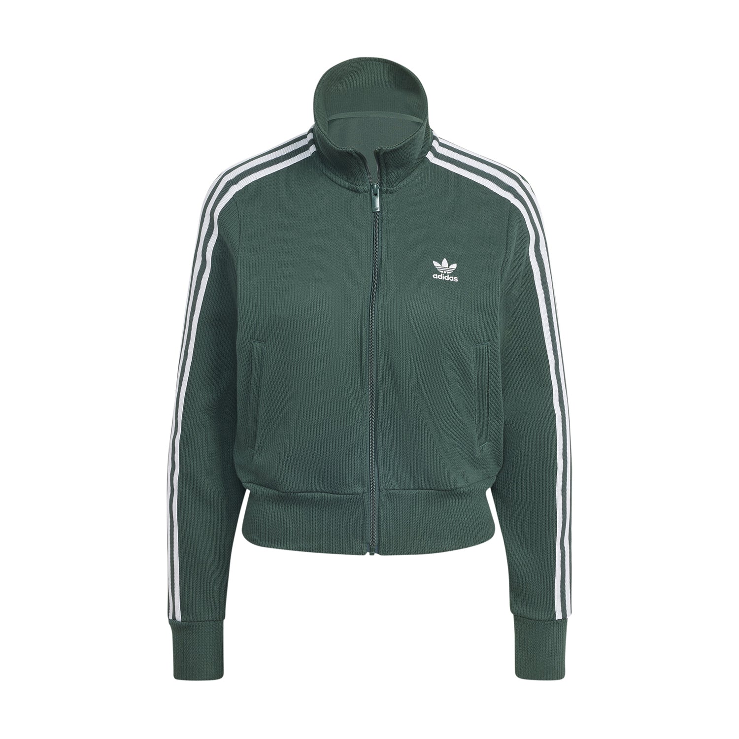 Front view of Adidas Women's Classic Striped Track Jacket highlighting zip pockets and three-stripe design.