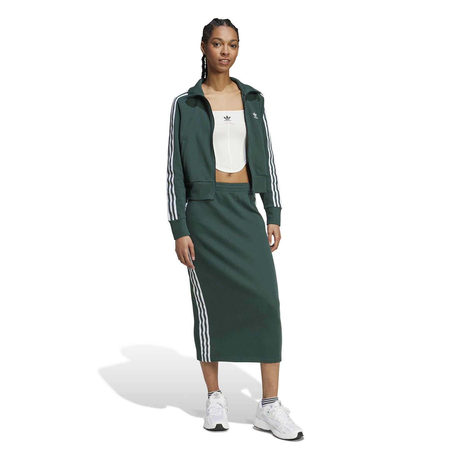 Back view of the Adidas Womens Classic Striped Track Jacket, demonstrating its relaxed fit and ribbed cuffs.
