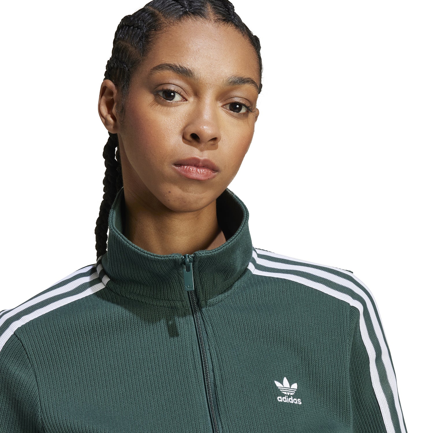 Front view of Adidas Womens Classic Striped Track Jacket highlighting zip pockets and three-stripe design.