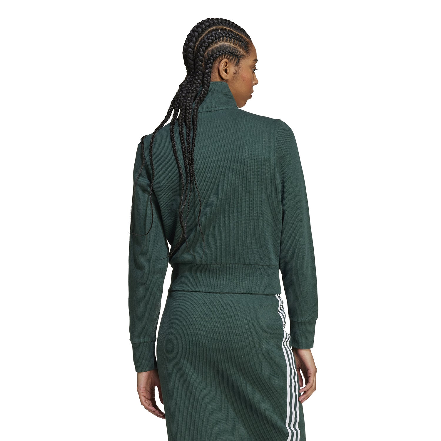 Back view of the Adidas Womens Classic Striped Track Jacket, demonstrating its relaxed fit and ribbed cuffs.