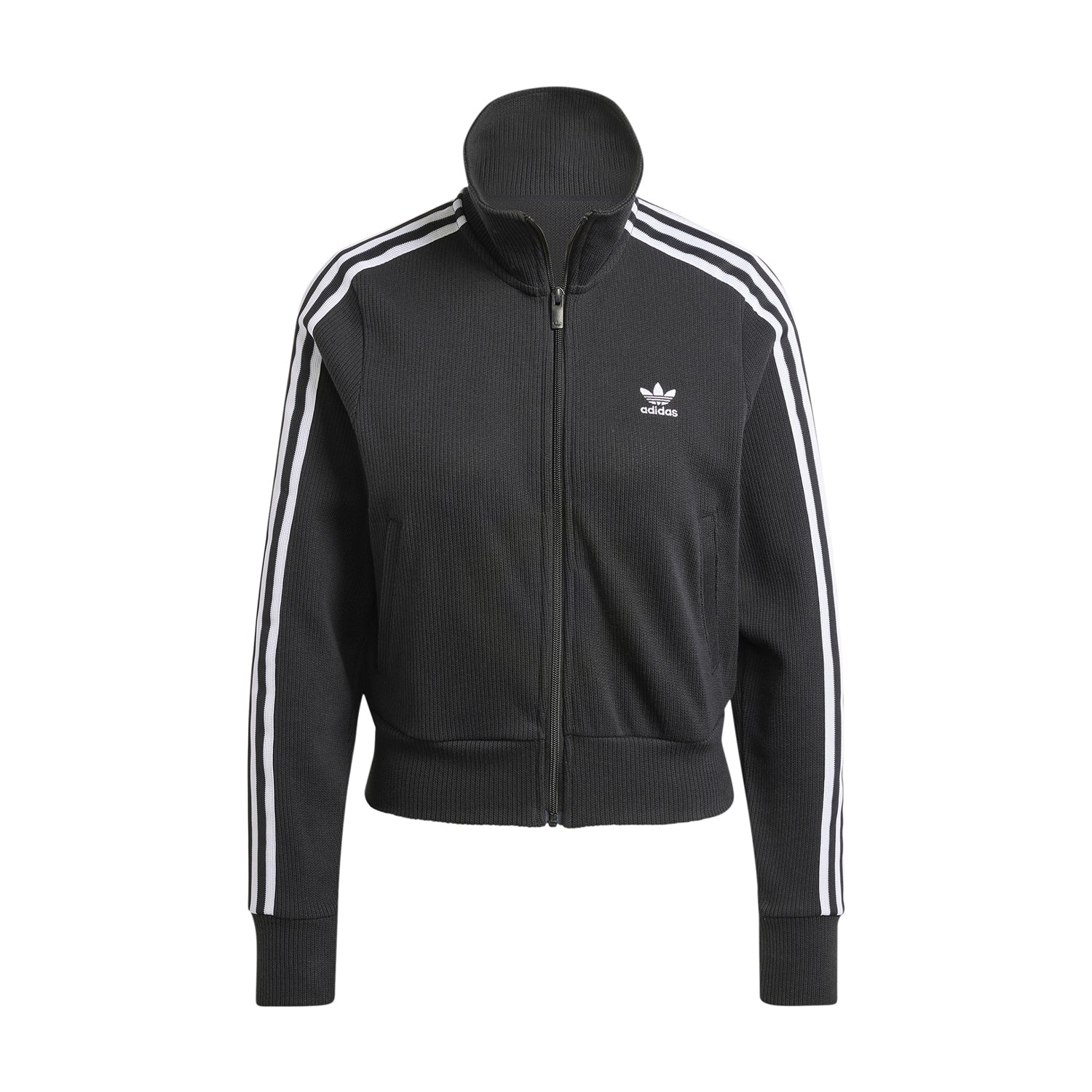 Front view of the adidas Firebird women's track jacket showing pinstripe detail and zip-up design