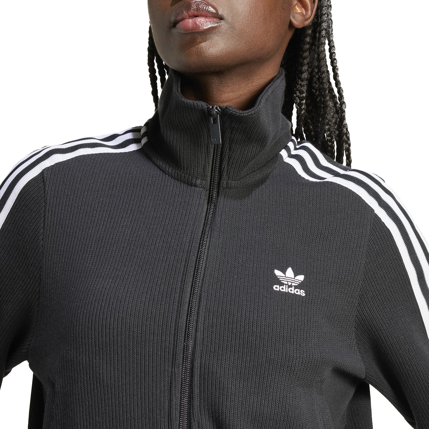 Front view of the adidas Firebird womens track jacket showing pinstripe detail and zip-up design