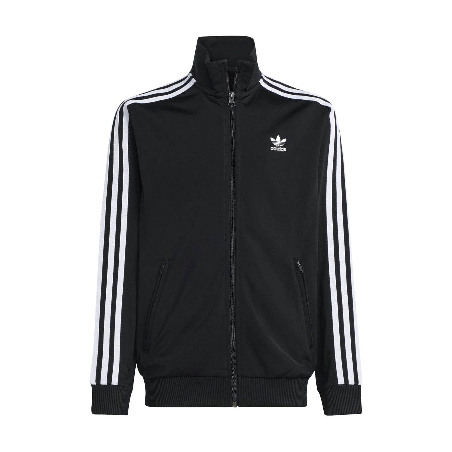 Front view of Adidas youth track jacket with pockets, perfect for sports.