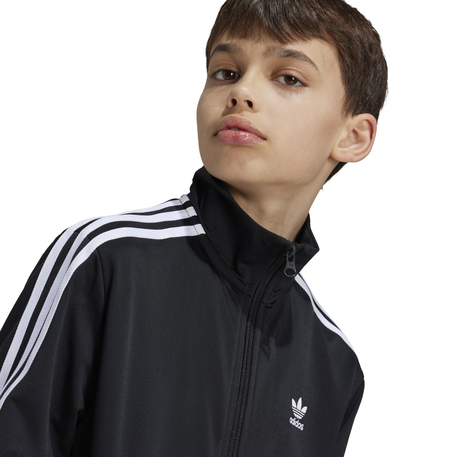 Front view of Adidas youth track jacket with pockets, perfect for sports.