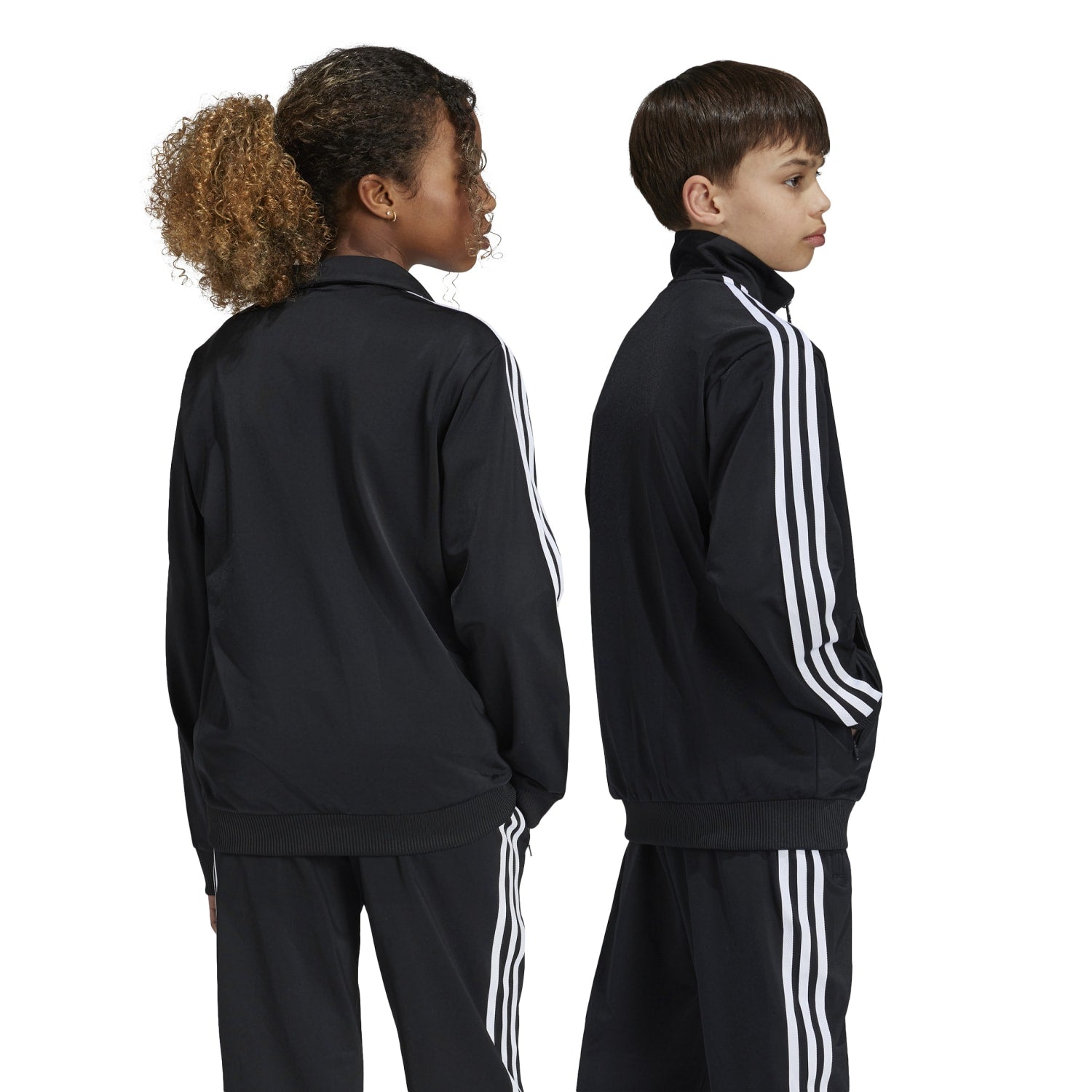 Back view of the track jacket, featuring iconic three-stripe detailing.