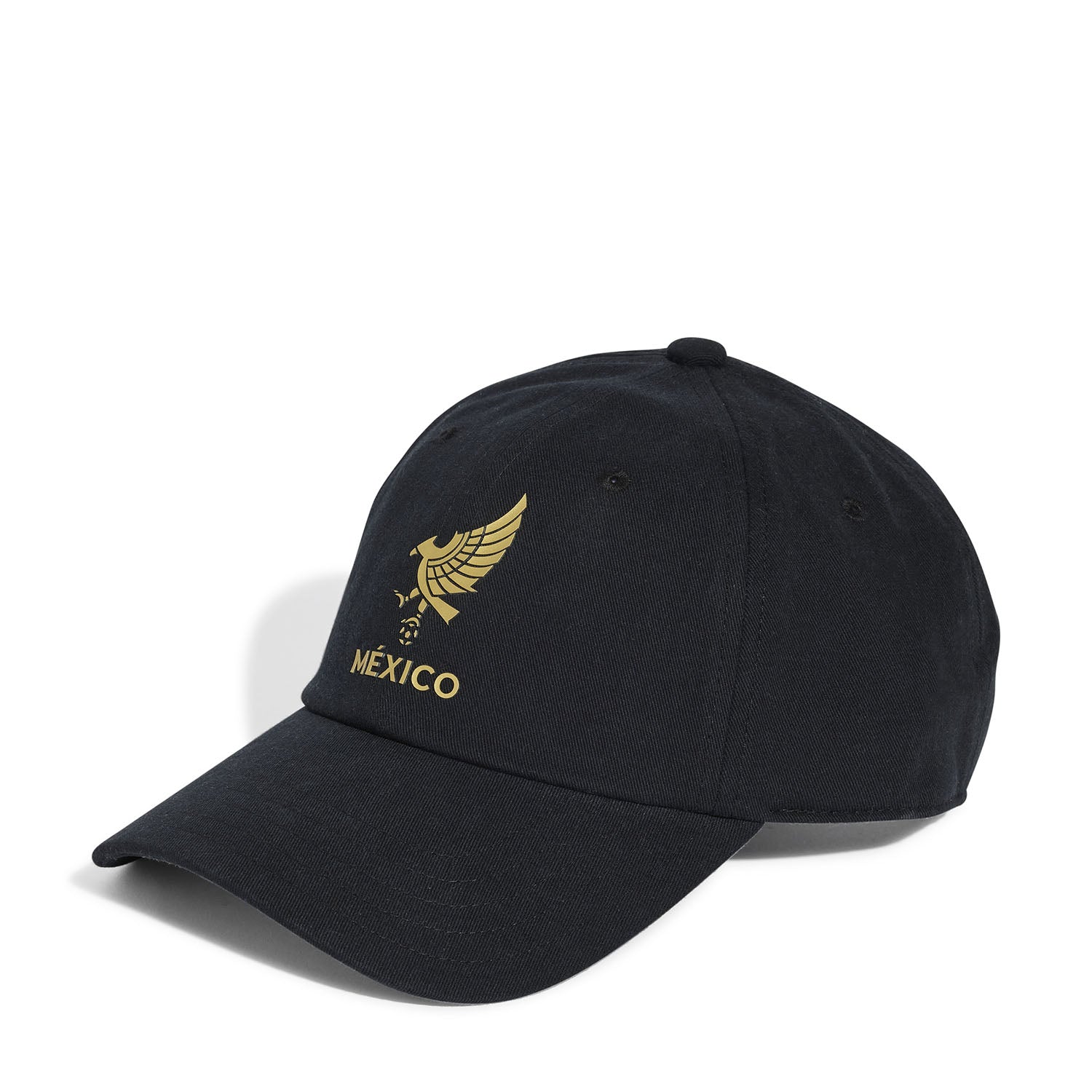 Front view of black and gold FMF Mexico cap with team crest, adjustable strap visible