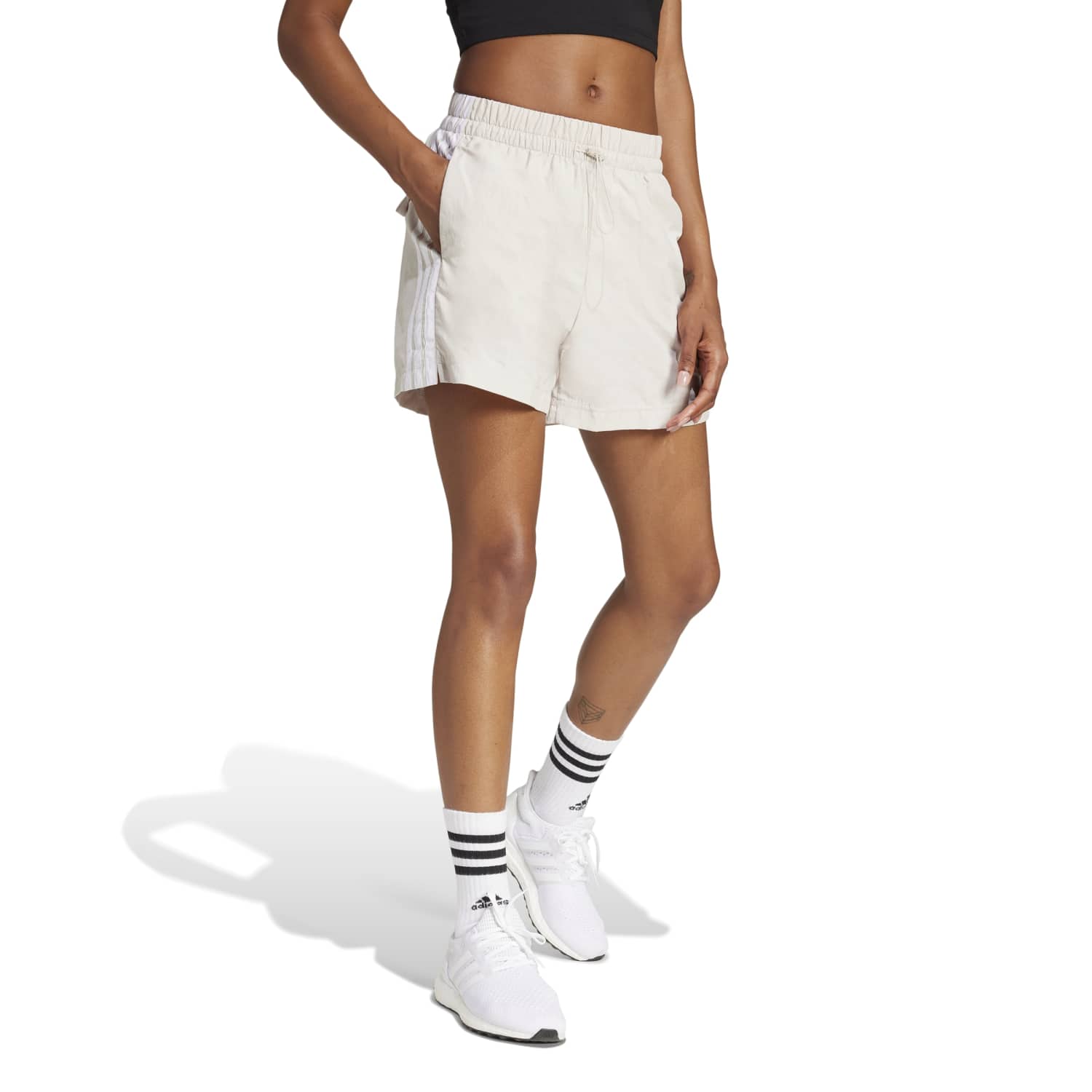 Back view of stylish womens woven shorts, ideal for casual summer outings.