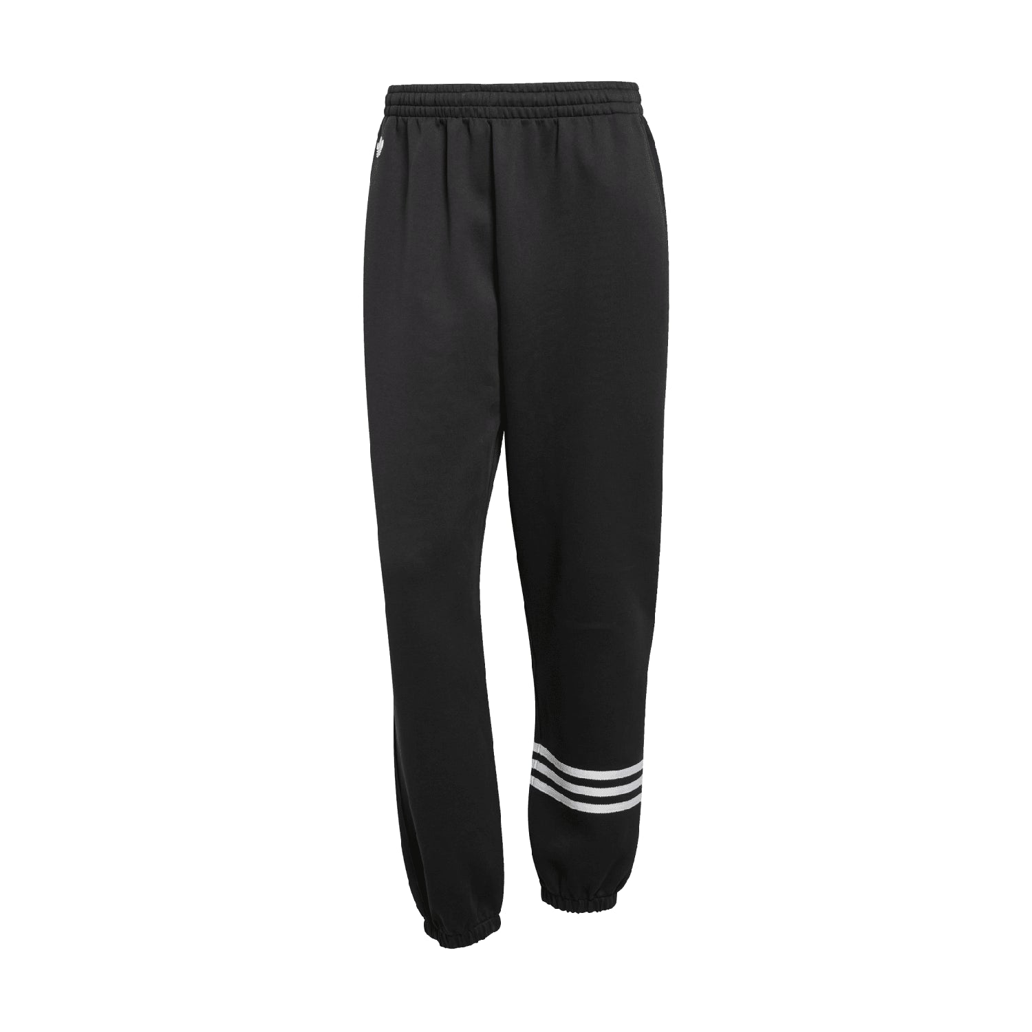 Close-up of men's adidas Neu Classics sweatpants showing the three stripes and logo