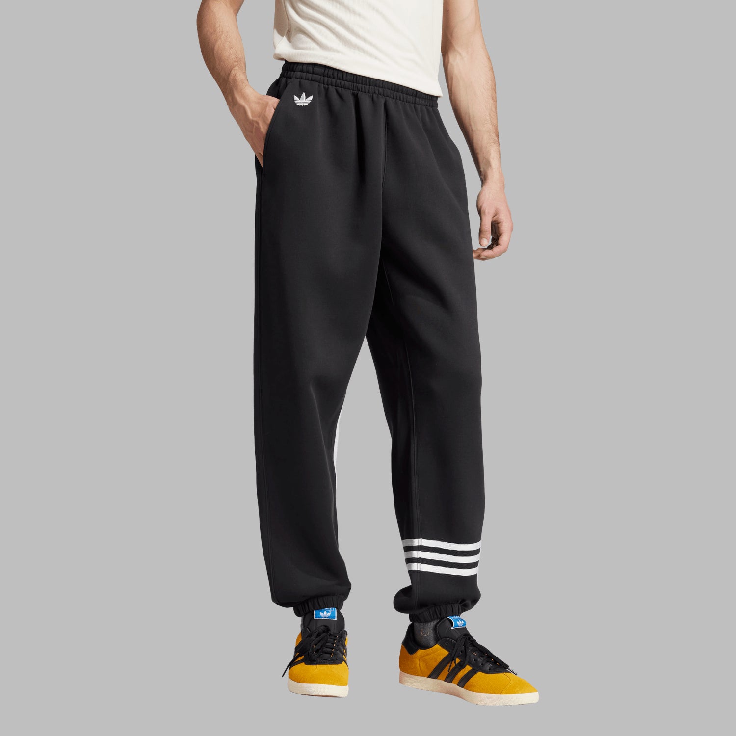 Model wearing relaxed fit pants for casual style and comfort