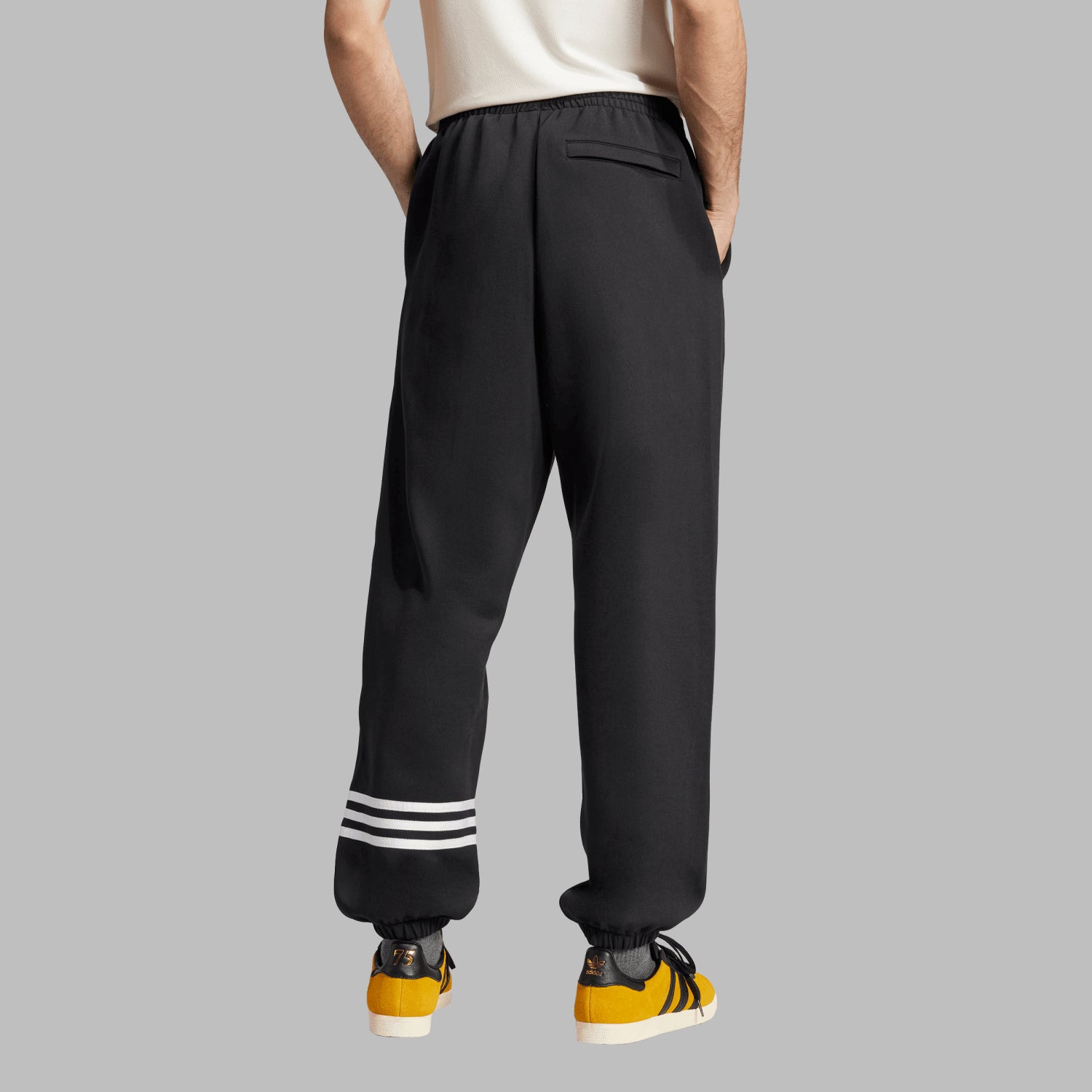 Detail of elastic waistband and fitted cuffs on mens joggers
