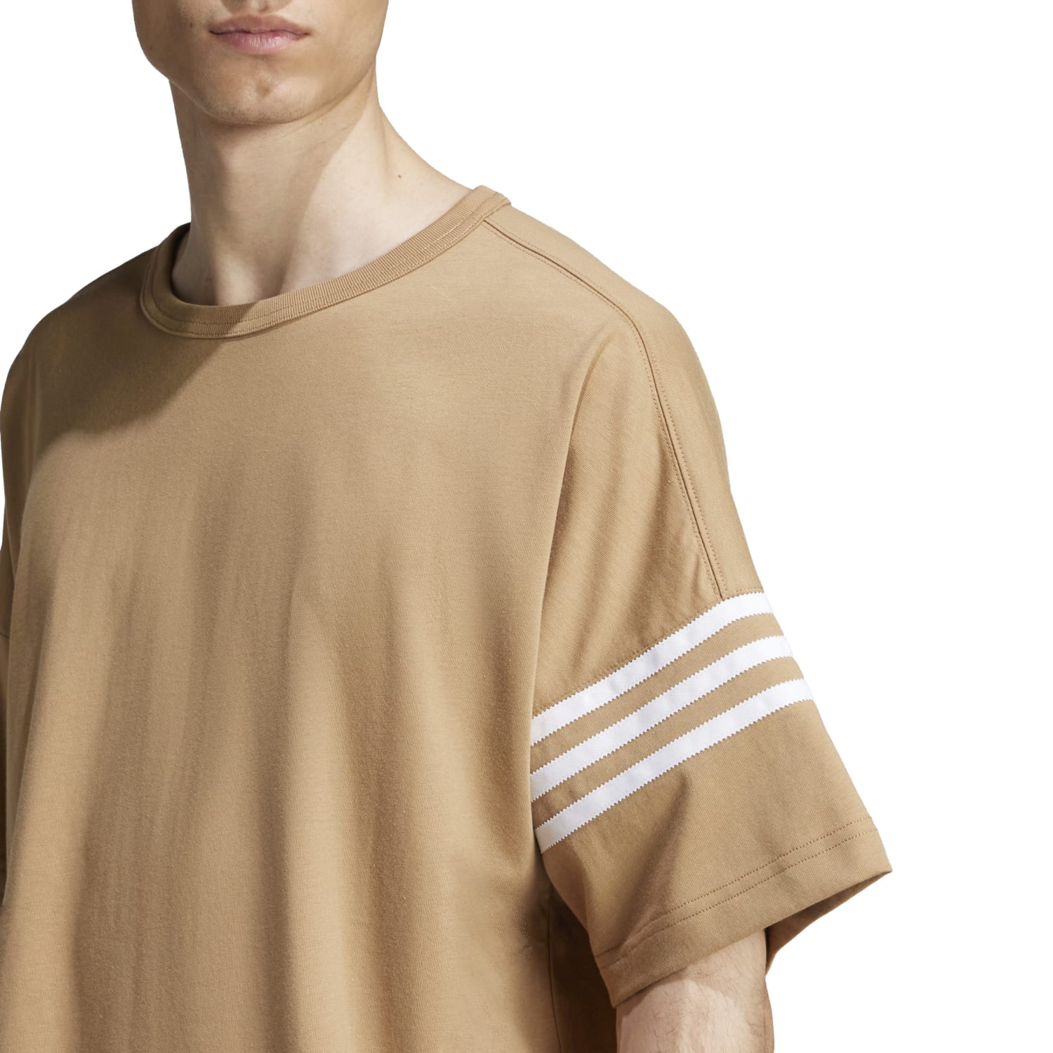 Front view of the Adidas Neu Classics cotton t-shirt for men, highlighting the striped sleeves.