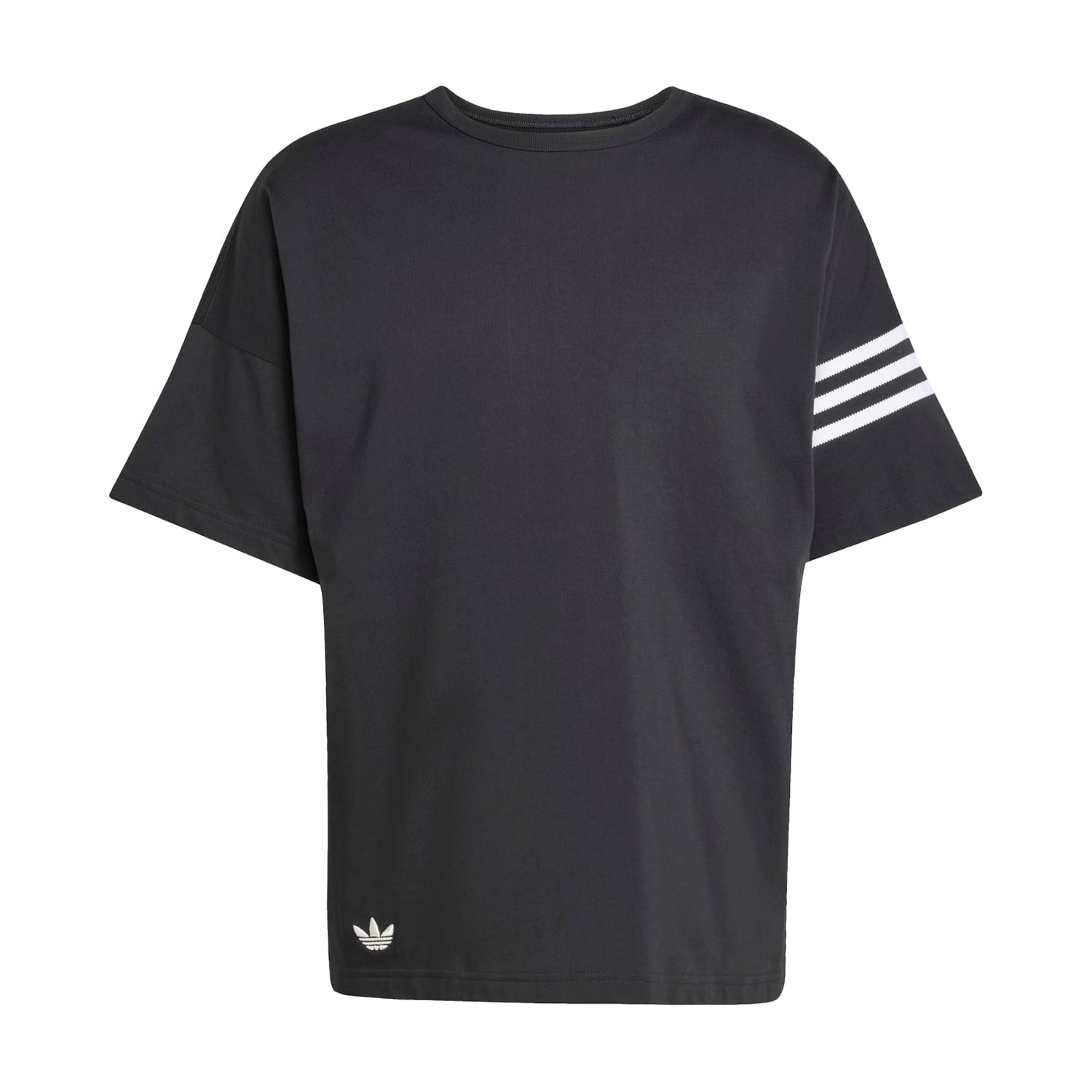 Front view of the Adidas Neu Classics men's cotton t-shirt with striped sleeves