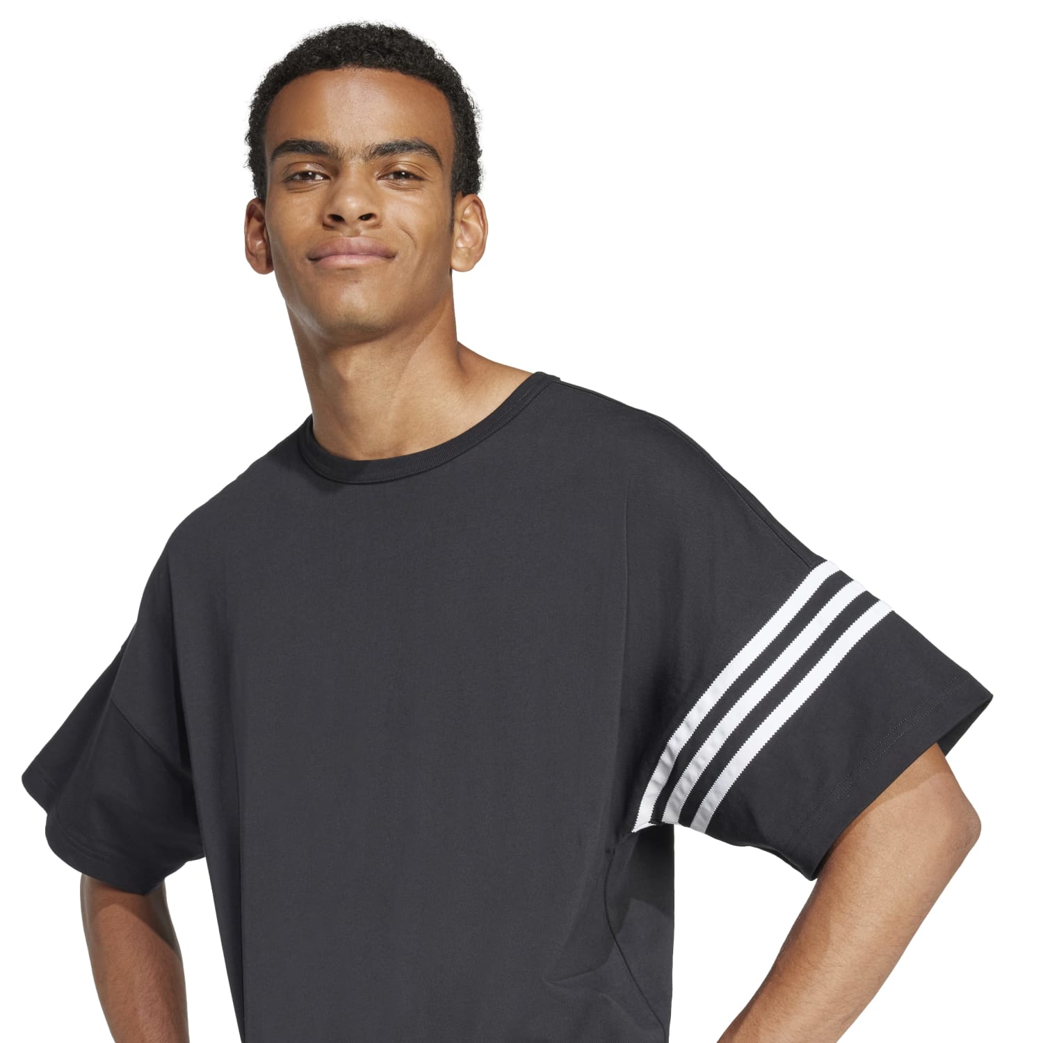 Front view of the Adidas Neu Classics mens cotton t-shirt with striped sleeves