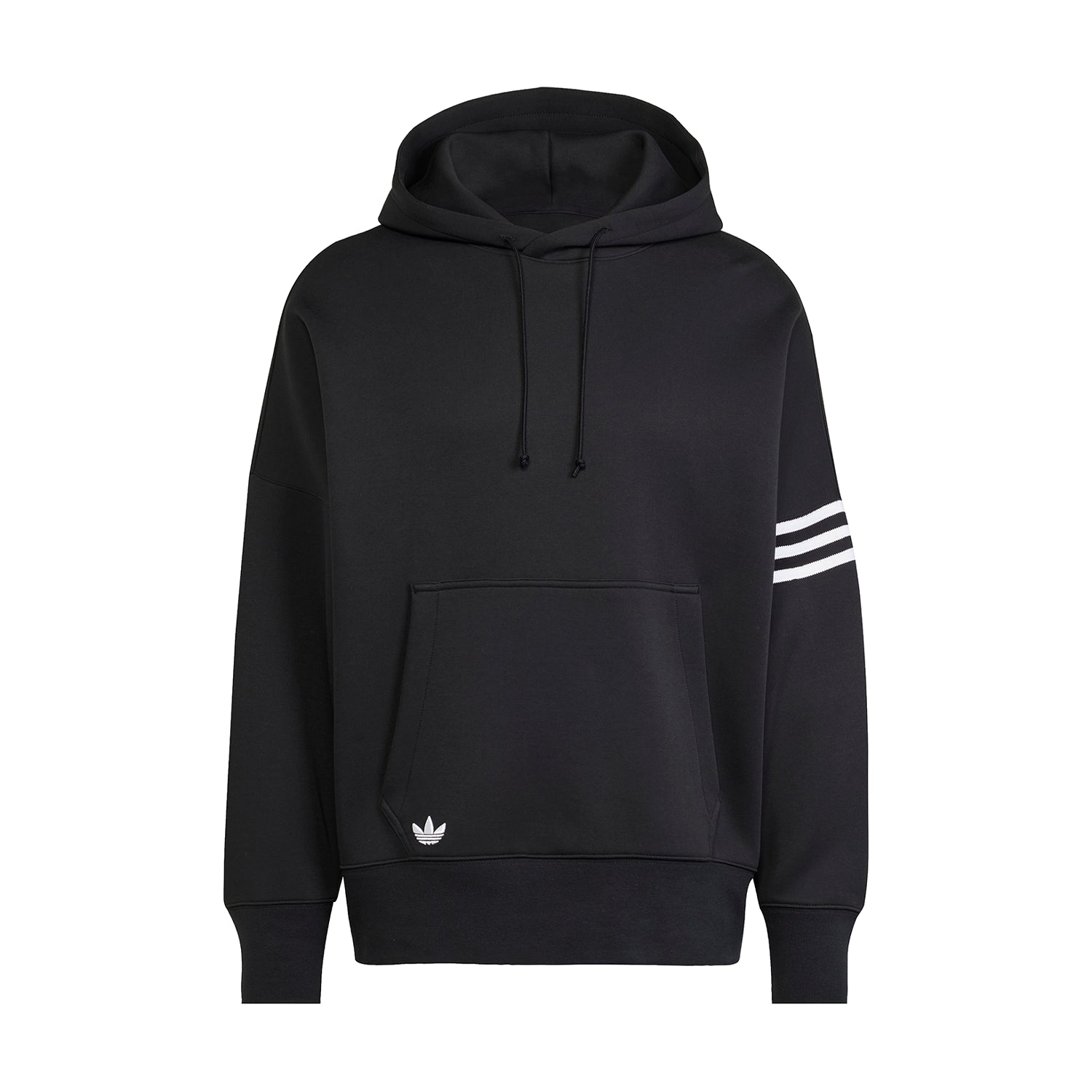 Close-up of Adidas Neuclassics hoodie with 3-stripes design showing serrated edges